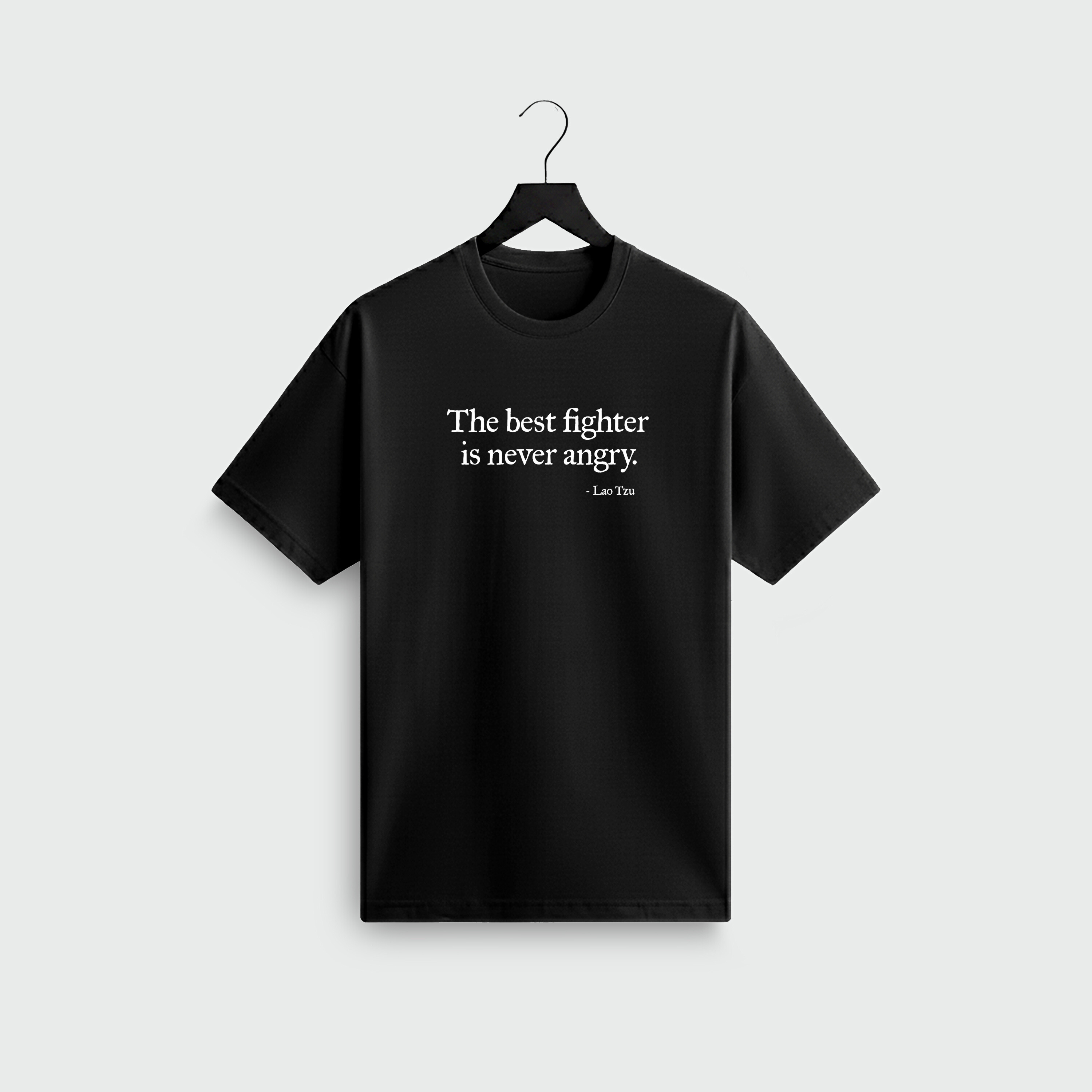 Black Minimalist Lao Tzu quote t-shirt — “The best fighter is never angry” — Notable Lines